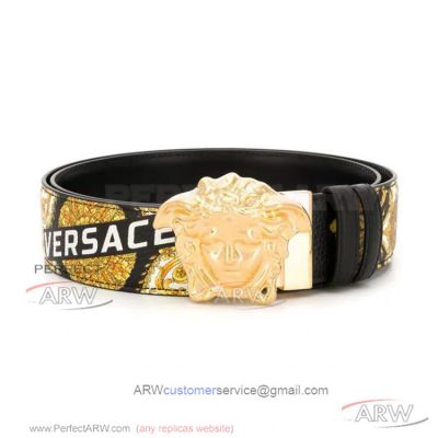 AAA Clone Versace Engraved Leather Belt - Yellow Gold Medusa Buckle